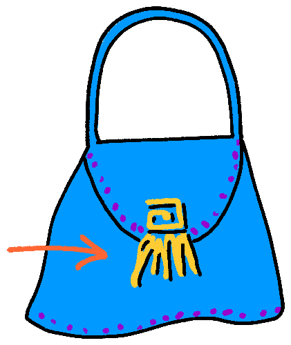 Drawing of a blue purse with yellow clasp with fringe. An arrow points to the fringe.