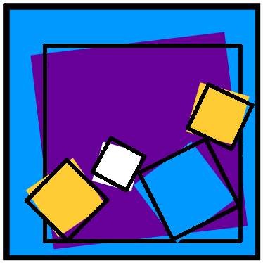 drawing of white, yellow, blue and purple squares at odd angles inside a large blue square.