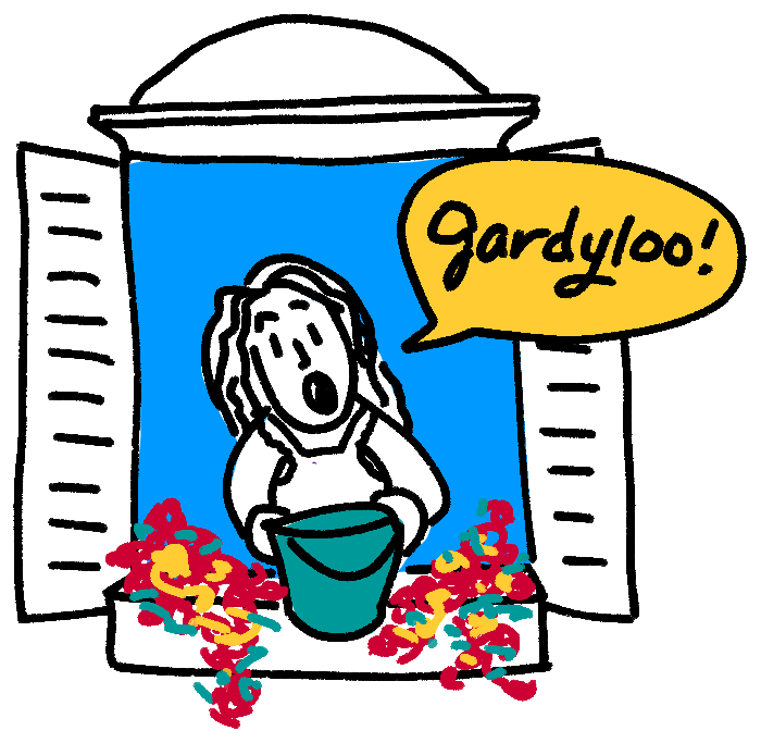 drawing of a woman holding a bucket on a windowsill with flowers. The woman is calling out