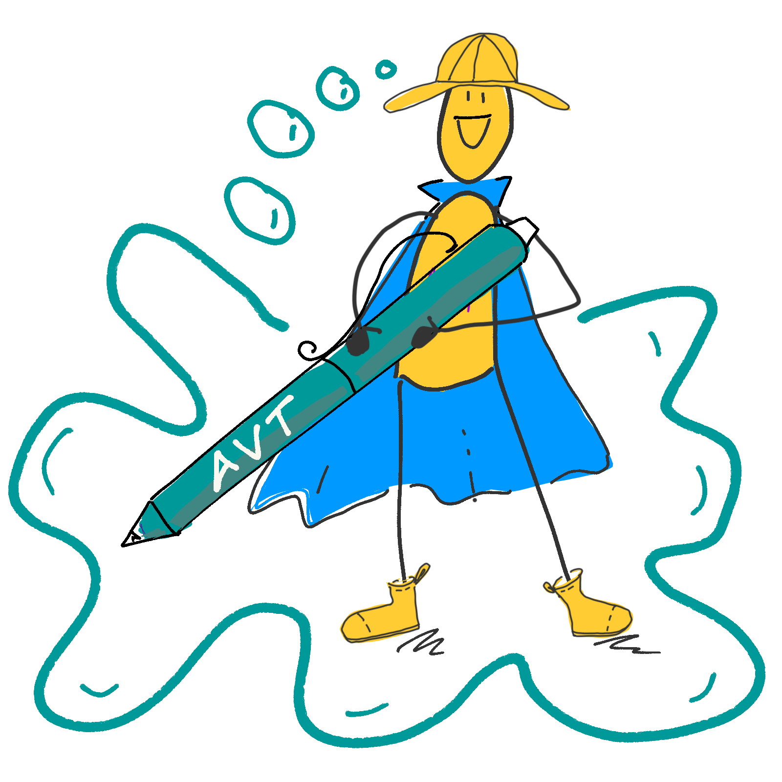 AVT person holding pen, standing inside a thinking puddle blob