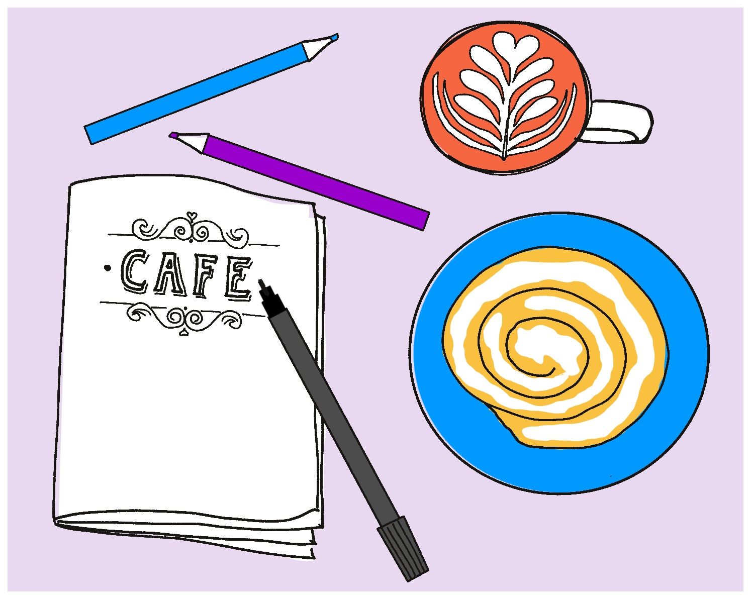 Digital drawing of a notebook, black pen, blue and purple markers, latte in a mug with decorative swirl, and frosted cinnamon roll on a blue plate. Background is light purple.