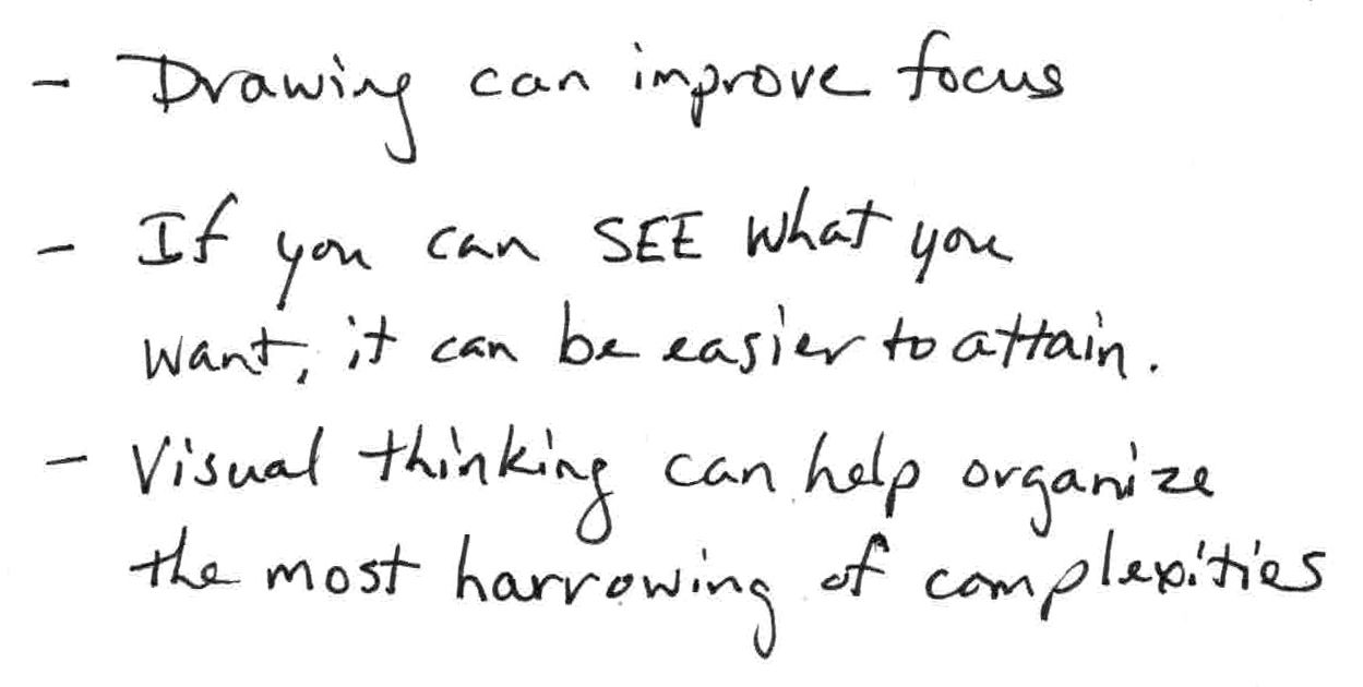 Drawing can improve focus; if you can SEE what you want, it can be easier to attain; Visual thinking can help organize the most harrowing of complexities