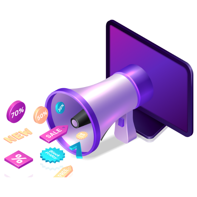 Graphik von einem Bildschirm mit Lautsprecher aus dem das Wort NEW und Sale, sowie Rabattzeichen kommen.