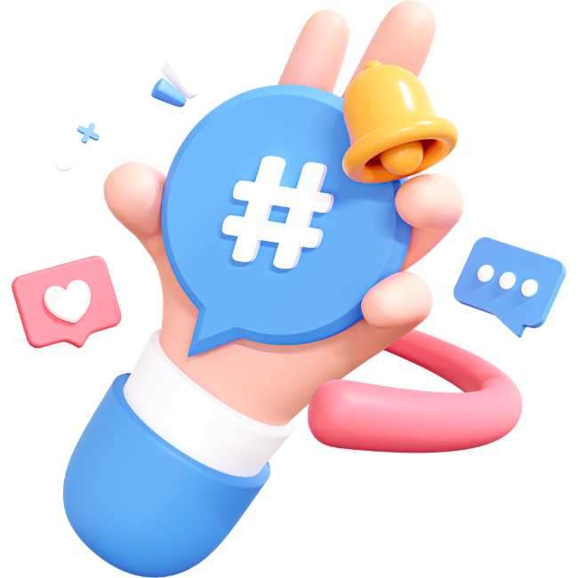 Graphik einer 3-D Hand, die eine Sprechblase mit einem Hashtag festhält.