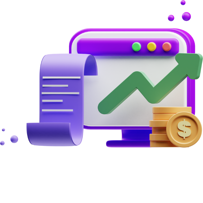 Graphik von einem Bildschirm mit steigendem Liniendiagram, Textrolle und gestapelte Münzen
