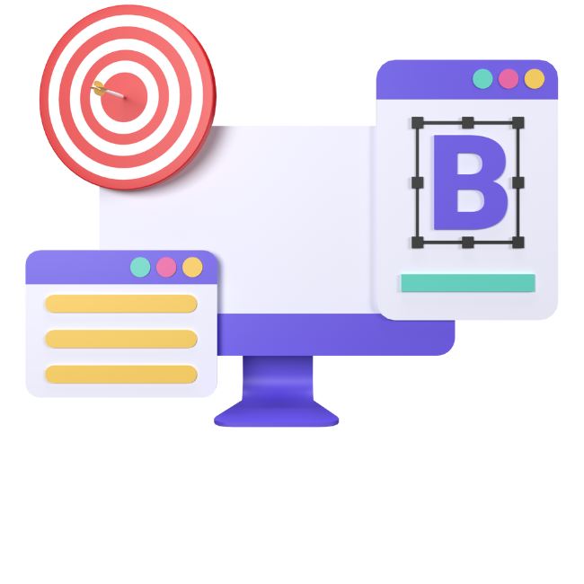 Graphik von einer Zielscheibe, Monitor, Tablet mit dem Buchstaben B und Bildschirm.