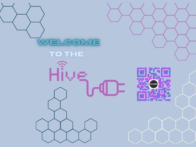 Graphik mit Text, Welcome to the Billa Media Hive. ein Stromstecker der auf einen QR-Code zeigt.