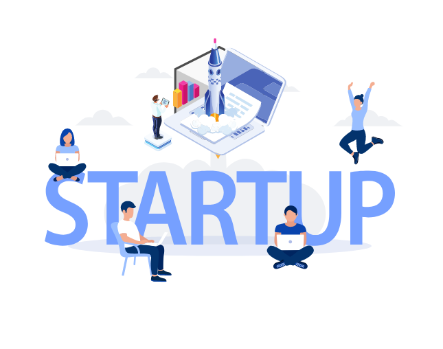 Graphik mit dem Wort Startup und jungen Menschen, die am Laptop arbeiten.