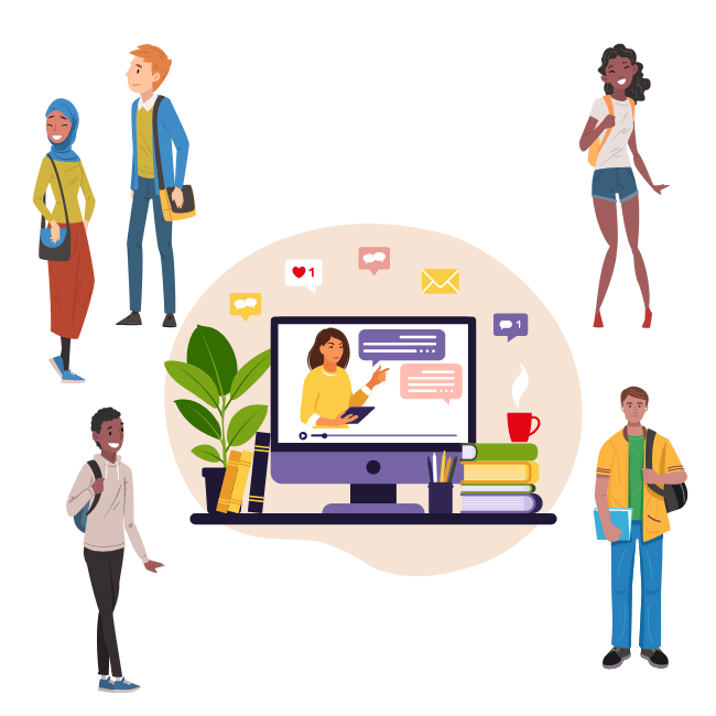 Illustration fünf verschiedener Auszubildenen, sowie einer Lehrperson die Onlineunterricht erteilt