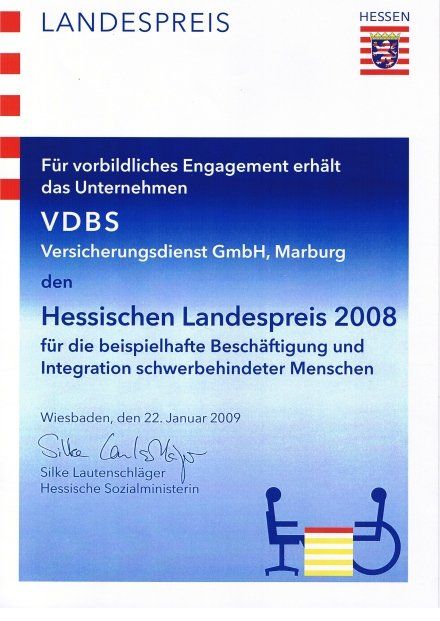 Landespreis für den VDBS Versicherungsdienstvom hessischen Sozialministerium Urkunde Landespreis