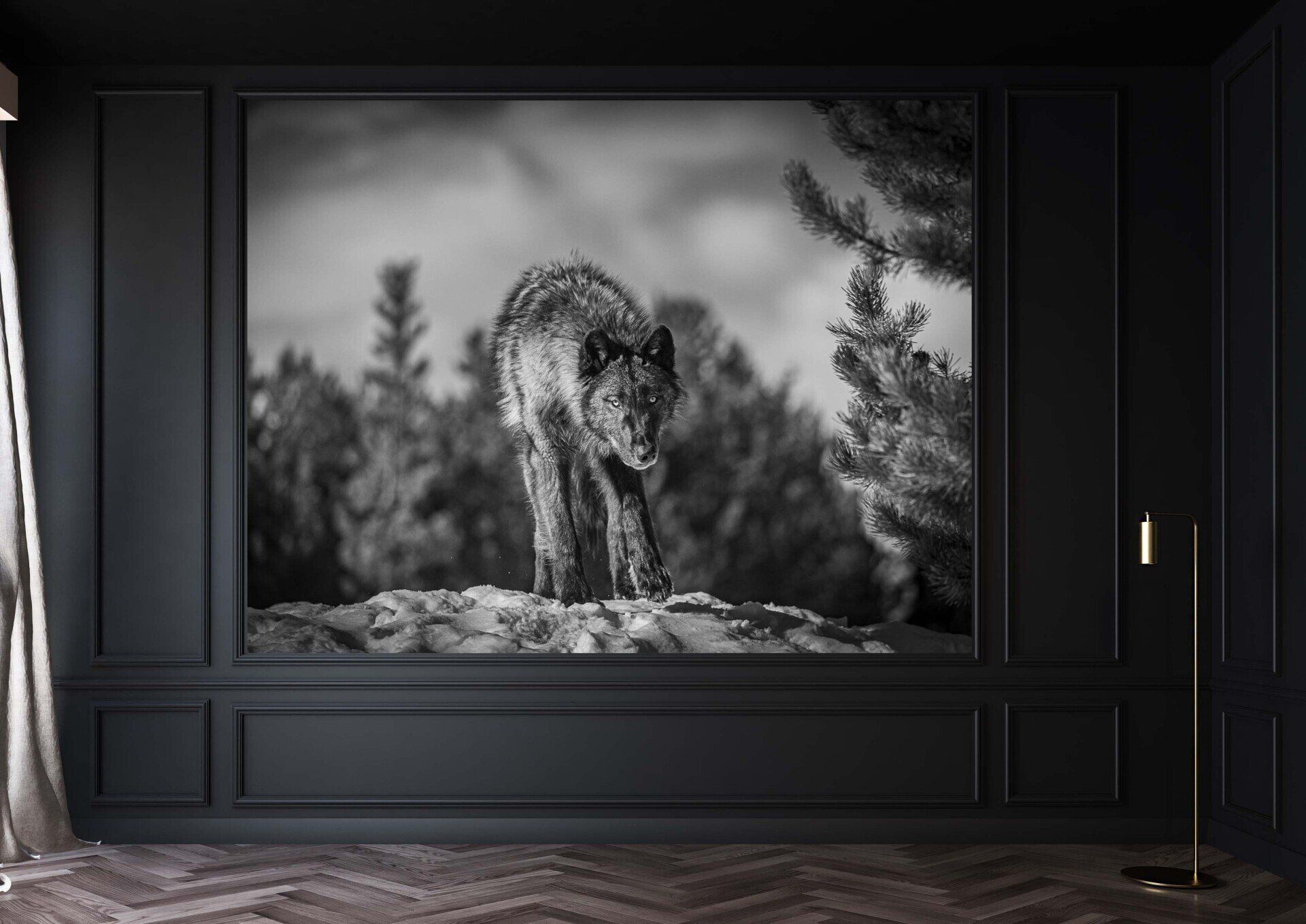 Bureau décoré avec une photo en noir et blanc de loup gris