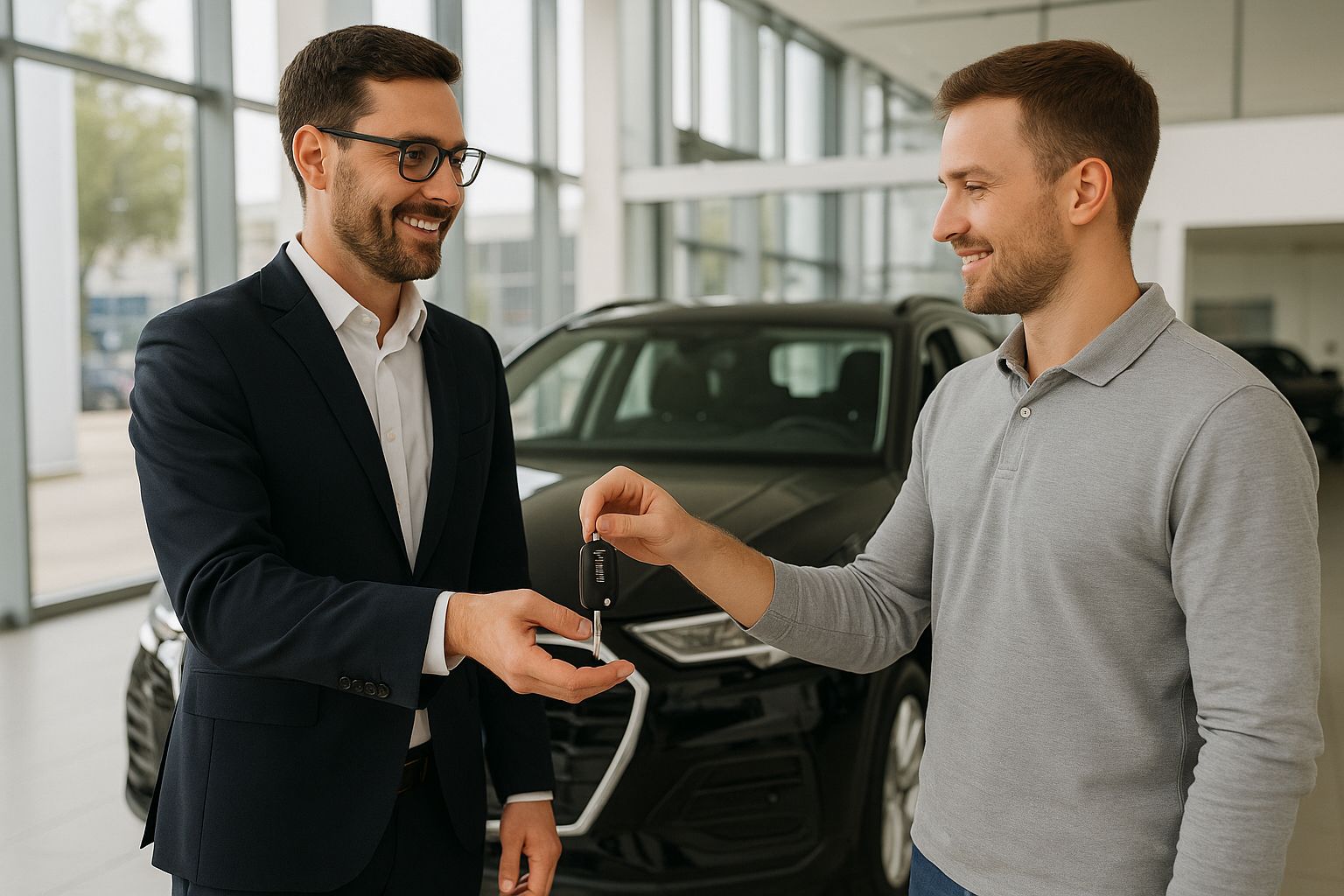 Schlüsselübergabe an Kunden im Showroom des Autohauses
