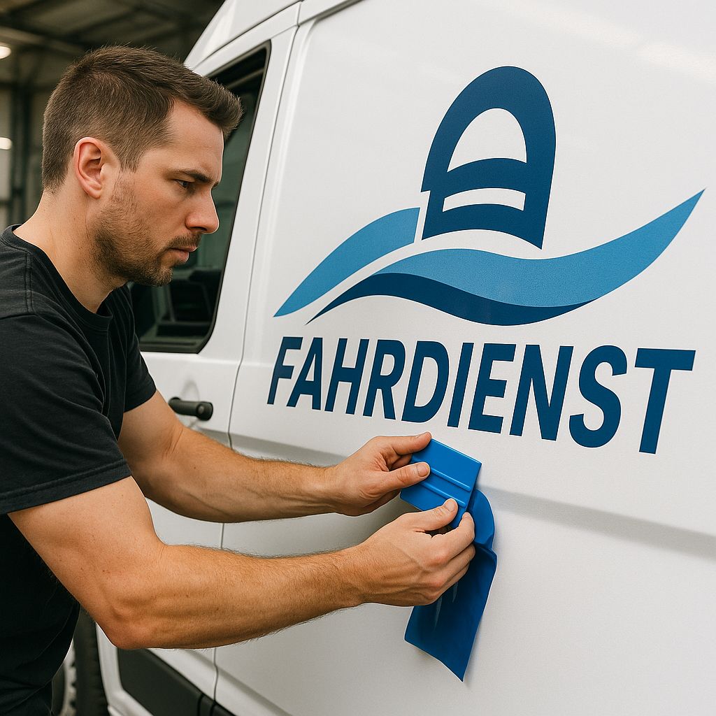 Mitarbeiter vor Servicefahrzeug mit Aufschrift Fahrdienst