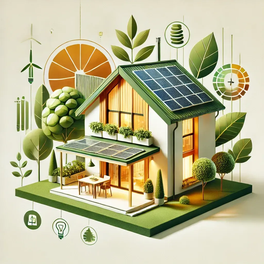 Nachhaltiges und energieeffizientes Wohngebäude mit Solarpanelen und grüner Umgebung