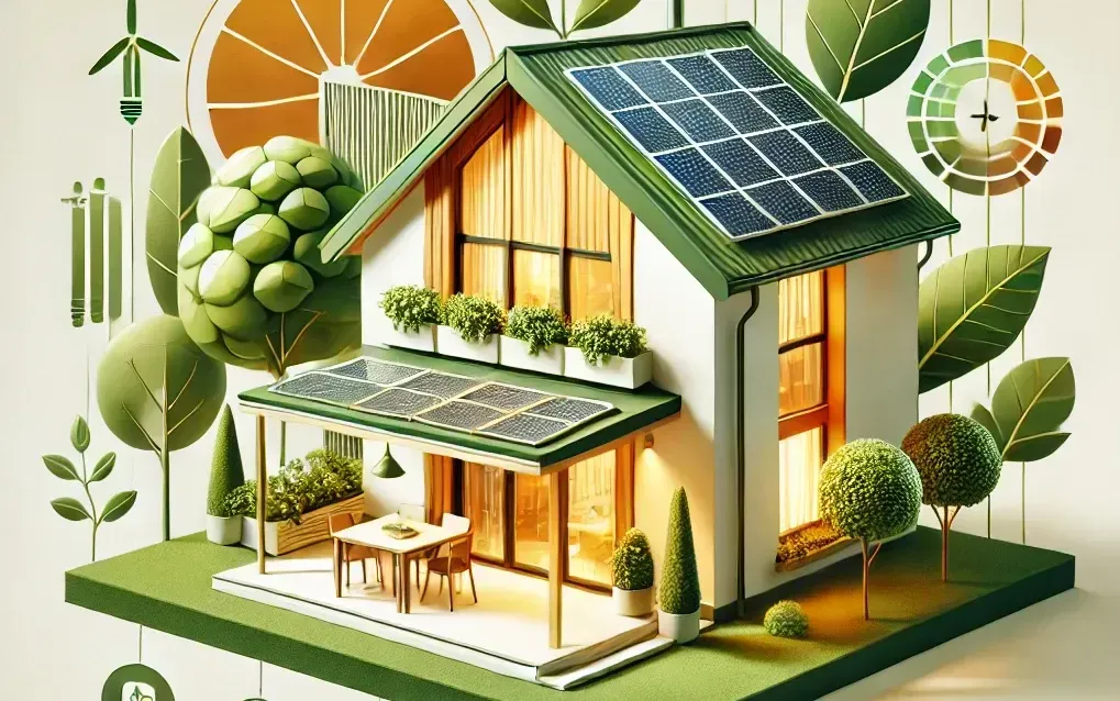 Energieeffizientes und nachhaltiges Haus, eingebettet in grüne Natur, zur Förderung von umweltfreundlichem Wohnen.