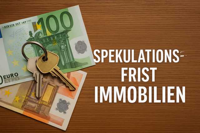 Haus- oder Wohnungsschlüssel auf Euro-Geldscheinen mit Text: Spekulationsfrist Immobilien – Symbolbi