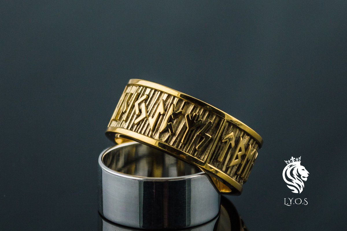 Runen-Ring, Gold 585 oder 750 Goldener Ring mit Runen, nordisches Design