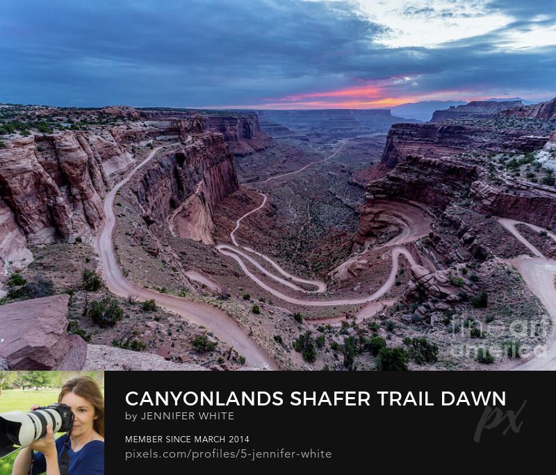 A view of the Shafer Trail switchbacks road at Canyonlands National Park in Utah before sunrise by Jennifer White with Timeless Moments Photography.