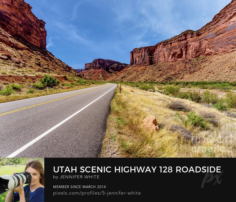 A desert landscape, mesa rock formations, and road scene along Scenic Byway Highway 128 in Utah by Jennifer White with Timeless Moments Photography.