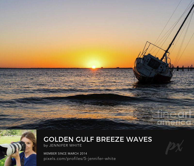 A fine art photo of a golden sunset by a leaning sailboat shipwreck in Gulf Breeze, Florida by Jennifer White with Timeless Moments Photography.