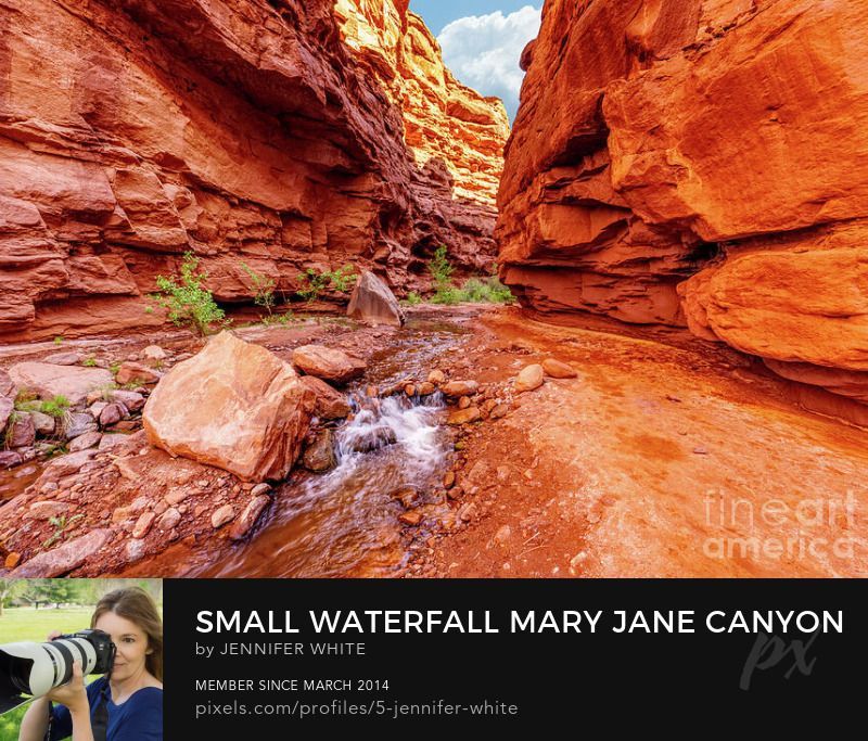 A small waterfall flows along Professor Creek while standing in the middle of Mary Jane Canyon in Moab, Utah.