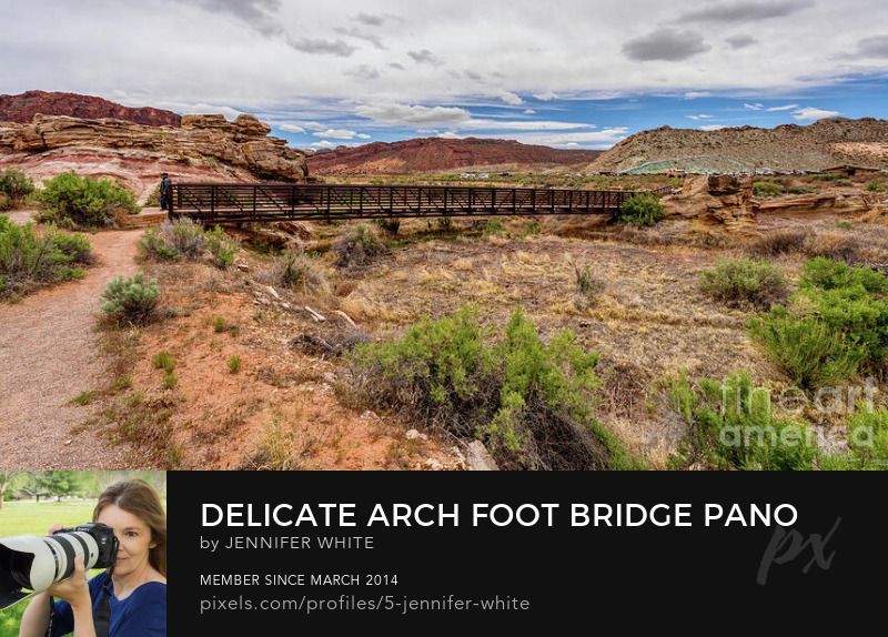 A panorama view of a foot bridge along the trail to Delicate Arch in Arches National Park in Moab, Utah.
