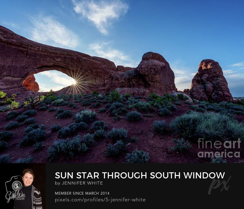 A sun star burst of rays through the South Window rock formation at the Windows Section in Arches National Park in Moab, Utah, United States. Desert bushes and plants can be seen in the landscape foreground. It was such a beautiful and quiet spring season morning.