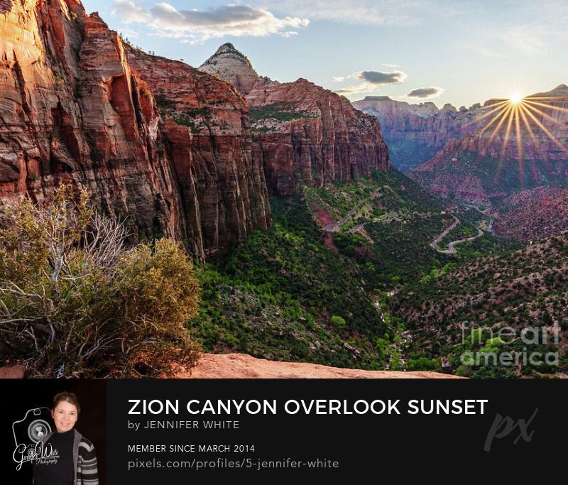 A sunburst of rays at sunset from Canyon Overlook Trail in Zion National Park in Springdale, Utah, United States. The towering rock mountain cliffs stand majestically as you can see the switchbacks of Highway 9, also known as Carmel Highway or Zion Park Scenic Byway, carving through the landscape.