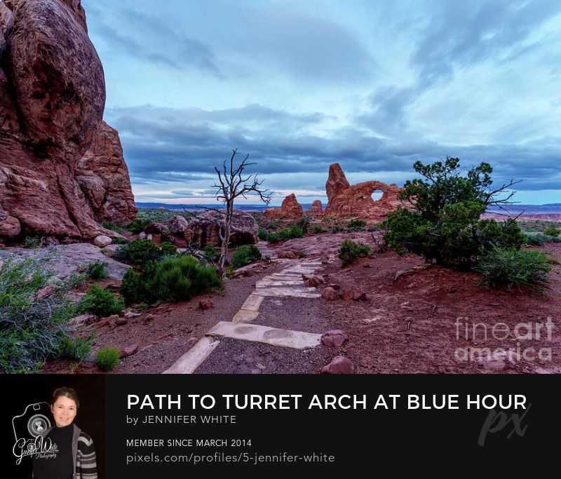 Looking down a quiet desert walkway framed by a bare juniper on one side and a vibrant green juniper on the other while dawn begins to break over Turret Arch. This is located in the Windows Section of Arches National Park. To the left, part of the massive rock formation that contains the North and South Windows comes into view. The soft, ethereal light of blue hour bathes the sandstone landscape, as the sky shifts from deep indigo to gentle shades of lavender and blush. Turret Arch rises in bold contrast, its warm orange tones glowing against the cool pre-dawn hues. The peaceful stillness highlights the timeless textures etched by wind and time, while a faint pink glow on the horizon hints at the warmth of sunrise to come. Clusters of sagebrush and juniper dot the surrounding terrain, adding natural texture to this serene moment in the desert outside Moab, Utah, United States.
This photo was taken by Jennifer White with Timeless Moments Photography. All images are copyrighted © Timeless Moments Photography/Jennifer White. All rights reserved.