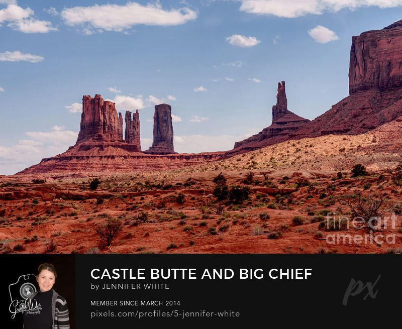 This photograph highlights the bold desert formations of the back north side of Monument Valley near Mexican Hat, Utah, along the Arizona/Utah border. This scene offers a closer view of the buttes known as Castle Butte and Big Chief, their towering red rock walls rising sharply from the orange desert floor. Fluffy white clouds drift across the soft blue sky, adding contrast to the warm sandstone colors below. The rugged textures and iconic shapes of these buttes capture the timeless beauty of the Southwest, making Monument Valley one of the most celebrated landscapes in red rock country.
This photo was taken by Jennifer White with Timeless Moments Photography. All images are copyrighted Timeless Moments Photography/Jennifer White. All rights reserved.