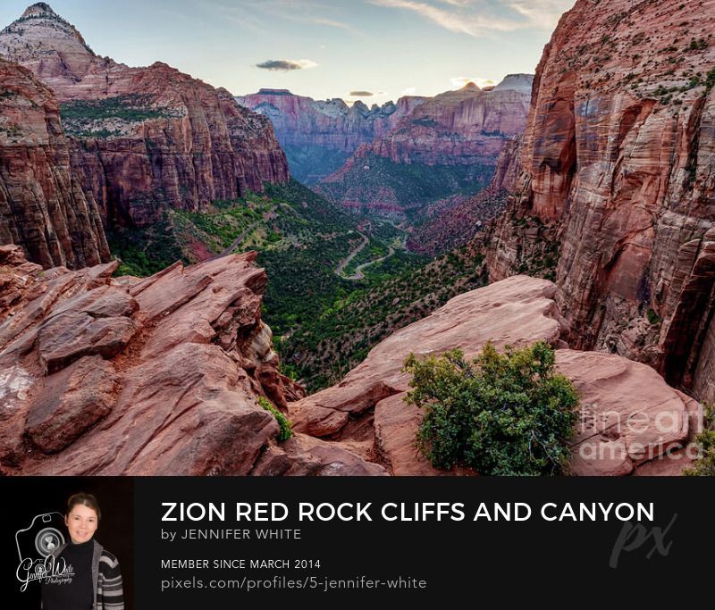 A dusk scene after sunset from the edge of the overlook at Zion Canyon Overlook Trail in Zion National Park in Springdale, Utah
