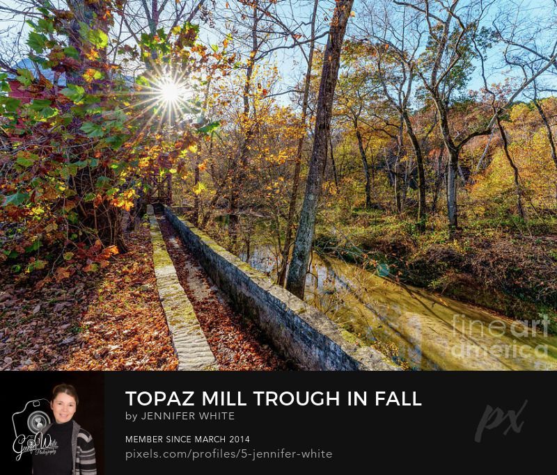 A photograph looking down the along the side of a flume leading to Topaz Mill in Cabool, Missouri, United States, on a crisp fall season evening. Down below and beside it is a creek created from the natural Topaz Spring. The setting sun bursts rays through the trees, creating a radiant sun star sunburst. When this photograph was taken, the trough was blocked, leaving the channel dry. Built in 1895, the mill was historically powered by the natural Topaz Spring, which produces an astounding 8–10 million gallons of water per day. Today, it remains one of the most iconic and scenic Ozarks landmarks.
This photo was taken by Jennifer White with Timeless Moments Photography. All images are copyrighted © Timeless Moments Photography/Jennifer White. All rights reserved.