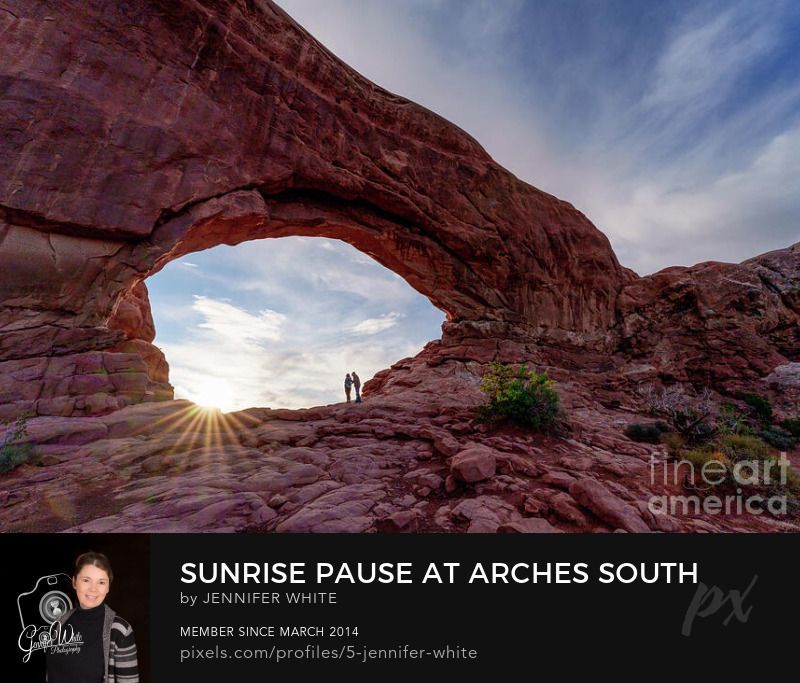 As I looked up toward the South Window Arch to capture a radiant sunburst, a couple paused in the opening, watching the sunrise and adding the perfect human element to the scene. It also helps give you a perspective of the size of these majestic sandstone rock formations. Photographed in the Windows Section of Arches National Park, Moab, Utah, USA, the moment was breathtaking. I explored the steep rocky incline around the arch, capturing it from different angles to showcase the beauty of the desert morning.
