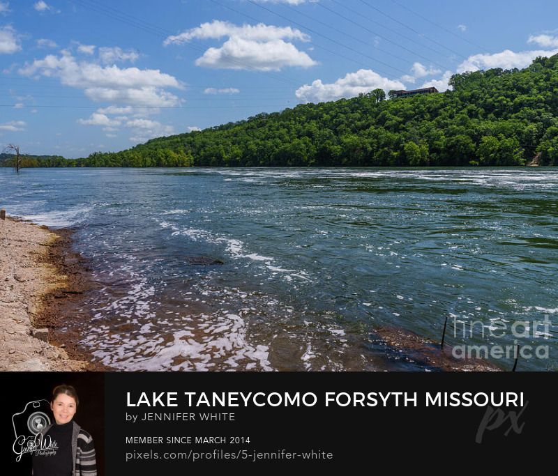 I captured this photograph standing along the riverbank of Lake Taneycomo in Forsyth, Missouri, USA on a beautiful summer afternoon. Behind me, not in the photo, is the Powersite Dam, also known as Ozark Beach Dam. This is where White River forms the Lake Taneycomo Reservoir. The power of the flowing water is so strong it is creating foamy bubbles which float and swirl on the surface. In the distance, you can see a tree in the middle of the water. We have had some heavy rains in the area so the water level was up. some powerlines stretch across above the river while green trees add some contrast between the blue water and partly cloudy blue sky.