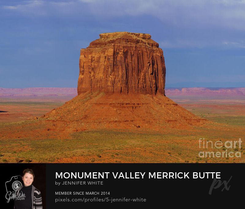 The iconic Merrick Butte in Monument Valley Navajo Tribal Park rises boldly in the warm evening light. Located in northeast Navajo County, Arizona, near the Utah border, this impressive sandstone monolith glows as the golden sun illuminates its rugged textures and casts deep, dramatic shadows along its surface. The clouds behind it have a purple hew to the deep blue adding the perfect contrast. Standing at an elevation of 6,206 feet, Merrick Butte is a defining landmark of the valley, showcasing the powerful beauty and timeless character of this legendary desert landscape.
This photo was taken by Jennifer White with Timeless Moments Photography. All images are copyrighted © Timeless Moments Photography/Jennifer White. All rights reserved.