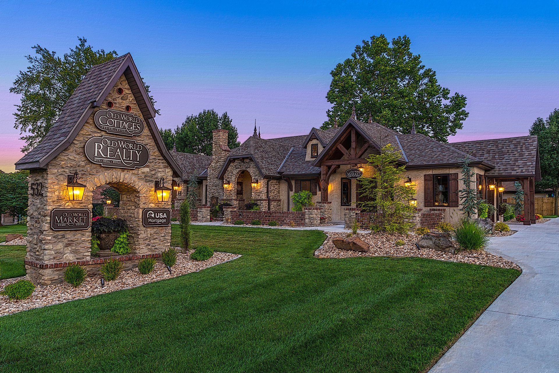An exterior commercial photo of the business, Old World Cottages. Professional real estate photo by Jennifer White Timeless Moments Photography of a home built by Old World Cottages near Springfield Missouri.