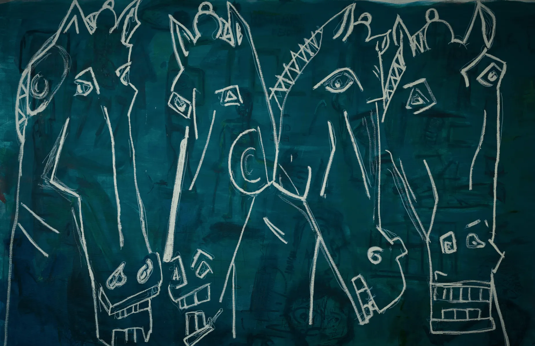 Abstract painting ‘The Spoils of War’ from the Quadriga Collection by Crispin Sturrock – four horses in deep blue tones.