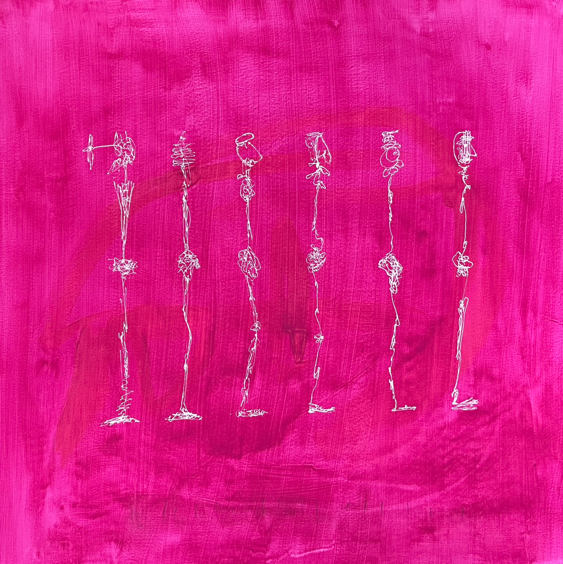 Abstract artwork ‘Que’ by Crispin Sturrock – symbolic rhythm and movement in pink tones