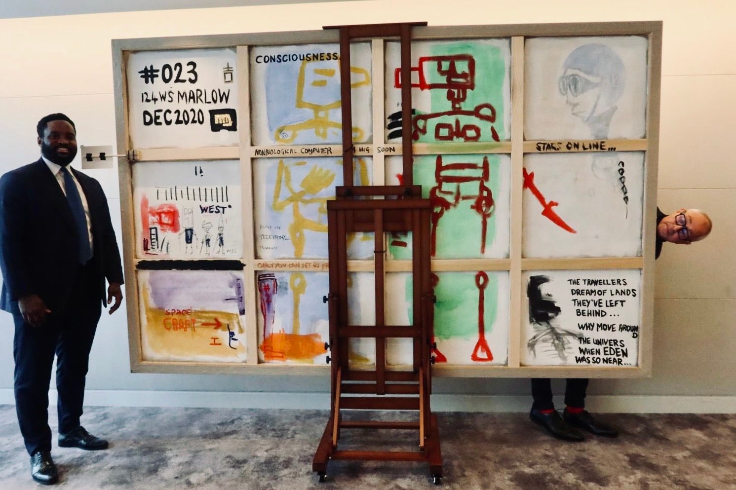 Exhibition and charity event photos featuring Crispin Sturrock artworks and collaborations