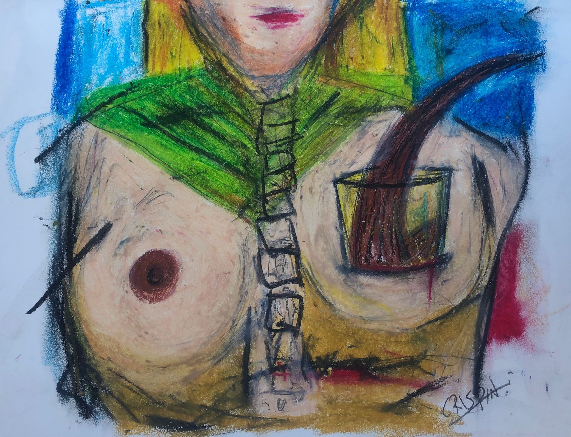 Mixed-media drawing by Crispin Sturrock – figure study with bold colour from Private Collectors series