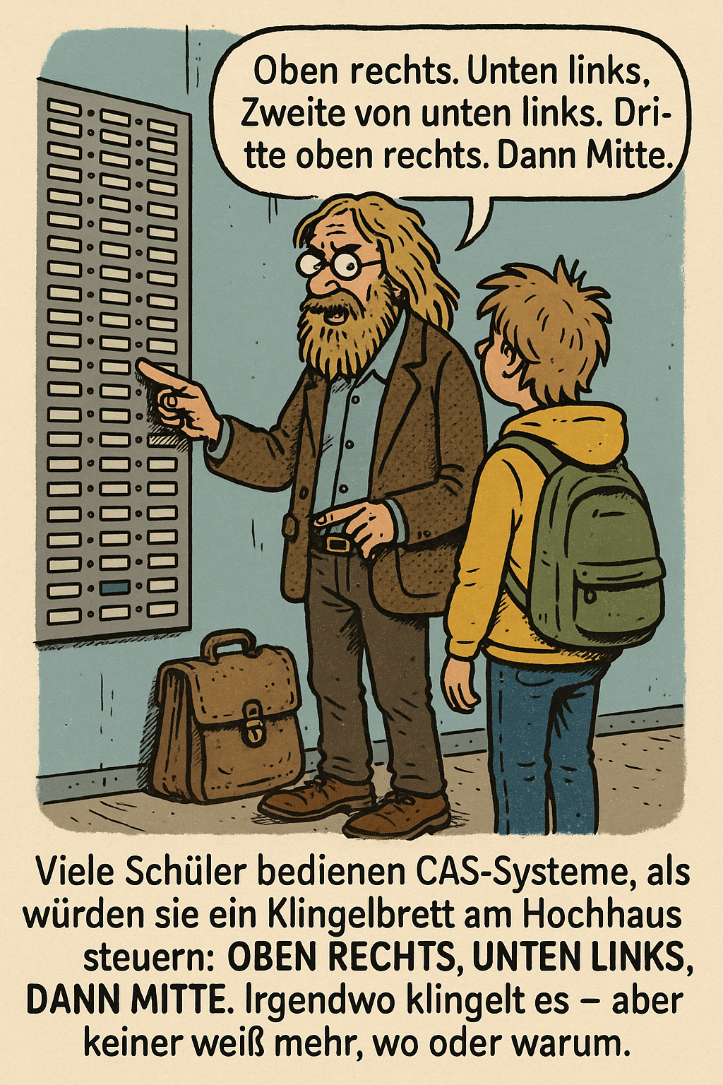 Comic: CAS-System im Matheunterricht wird wie ein Hochhaus-Klingelfeld bedient – blindes Knöpfchendrücken ohne Verständnis