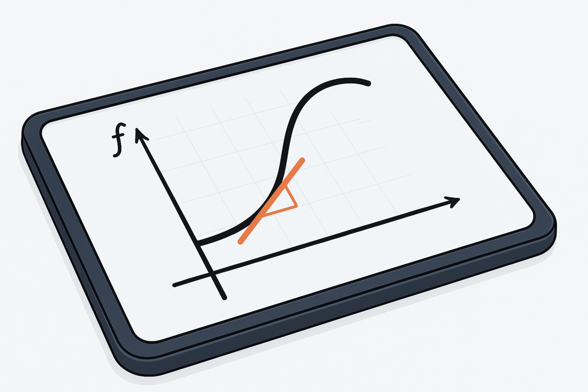 Digitale Illustration eines Tablets mit Funktionsgraph, einer orangefarbenen Tangente und Steigungsdreieck zur Veranschaulichung der Ableitung an einem Punkt