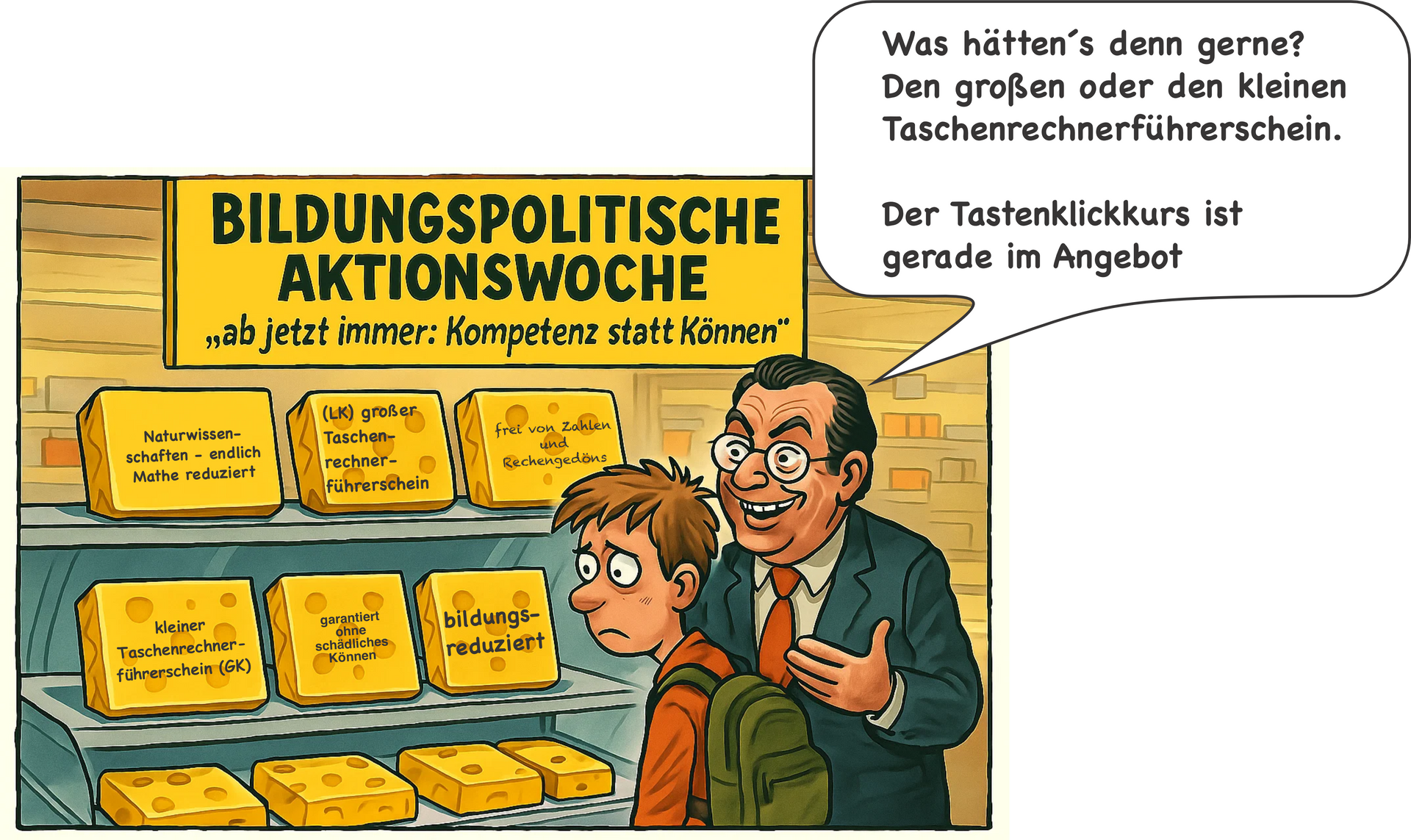 Comiczeichnung einer Supermarkt-Käsetheke mit satirischen Aufschriften wie „Taschenrechnerführerschein“ und „kompetenz statt Können“. Ein Schüler blickt ratlos, ein Verkäufer bietet ihm einen „Tastenklickkurs“ an.
