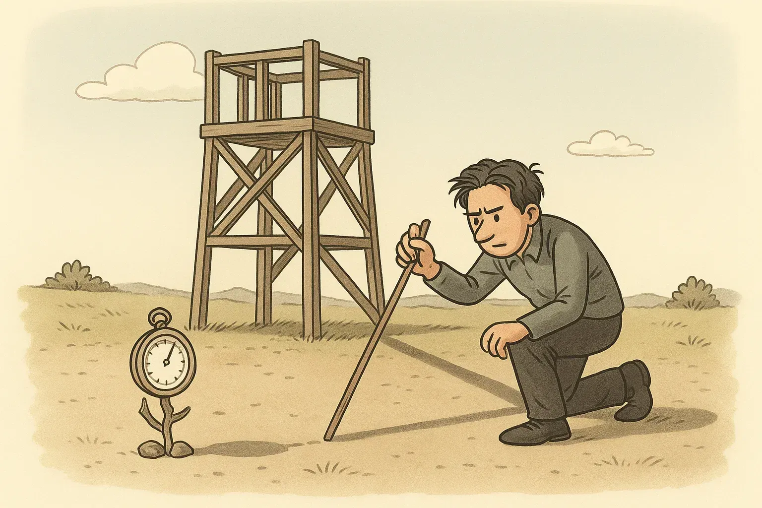 Niels Bohr misst die Schattenlänge eines Turms mit einem Ast, um daraus die Höhe zu bestimmen – mithilfe eines aufrecht gestellten Barometers als Referenz.