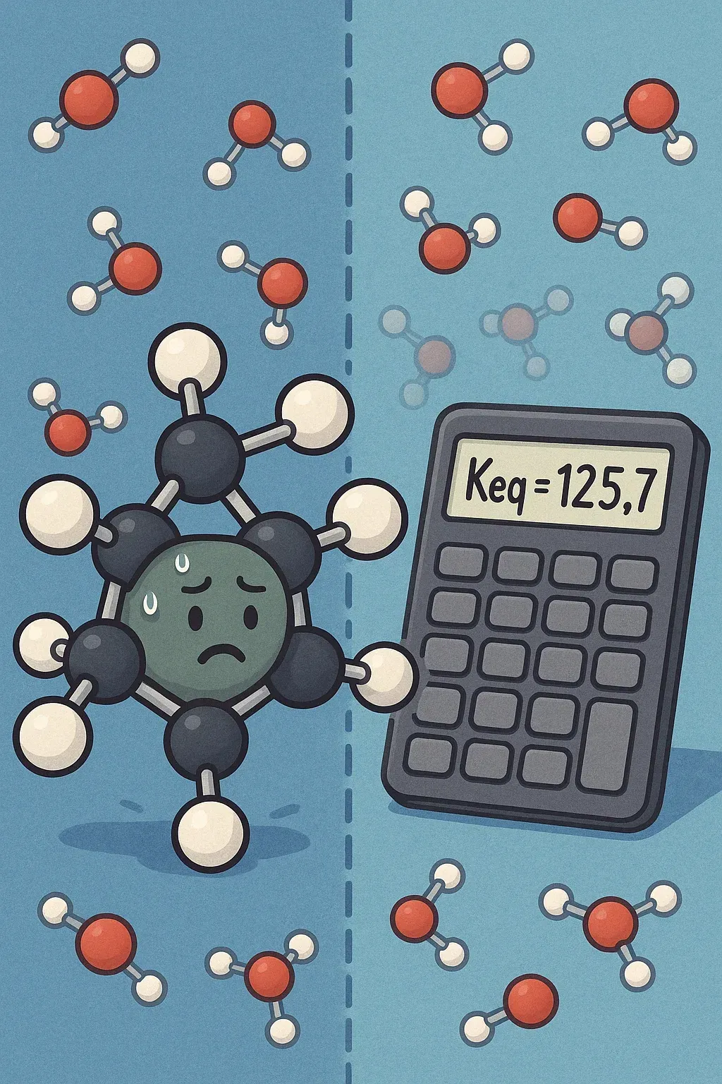 Vermenschlichtes Molekül tippt angestrengt auf einem Taschenrechner, im Hintergrund drängen sich andere Moleküle durch eine Membran – Darstellung des chemischen Gleichgewichts als Cartoon.