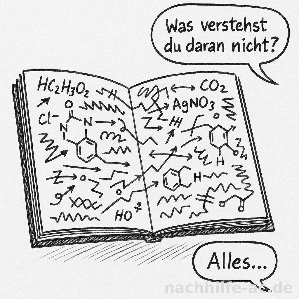 Comic zur Überforderung mit Chemie im Medizinstudium – chaotisches Heft mit ironischer Sprechblase