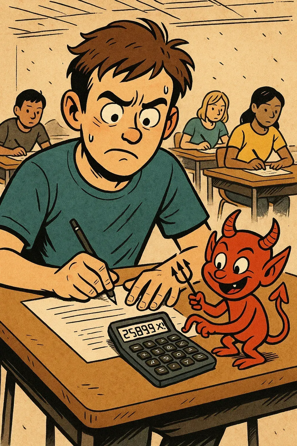 Kleines Fehlerteufelchen fummelt am Taschenrechner und bringt den Schüler in der Matheprüfung durcheinander.