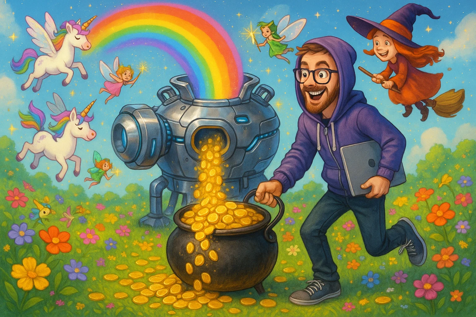 Illustration eines märchenhaften Fusionsreaktors, der Gold ausspuckt, umgeben von Einhörnern, Feenst