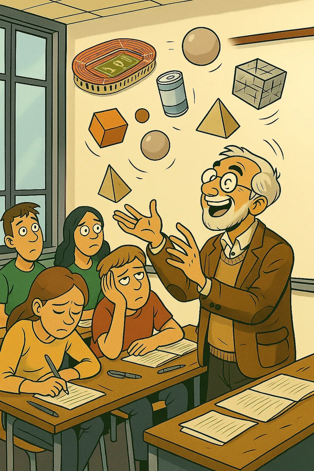 Mathelehrer jongliert begeistert mit geometrischen Körpern, Konservendose und einem Miniatur-Stadion