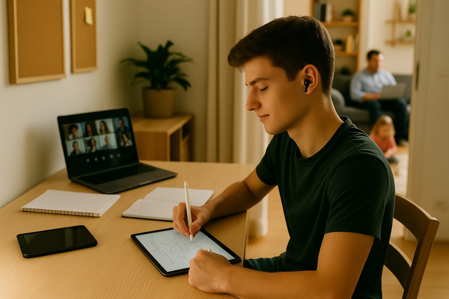 Jugendlicher macht konzentriert Matheaufgaben am Schreibtisch, im Hintergrund entspanntes Familienleben – Nachhilfe bringt Ruhe und Struktur zurück